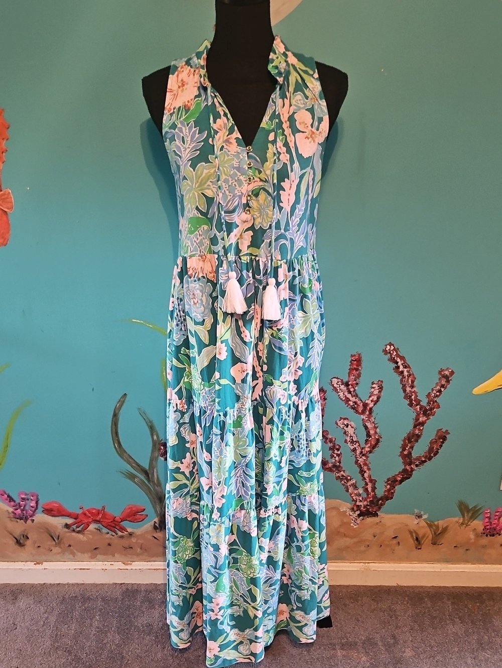 Lilly Pulitzer Teal Floral Halter Maxi with Pink Accents